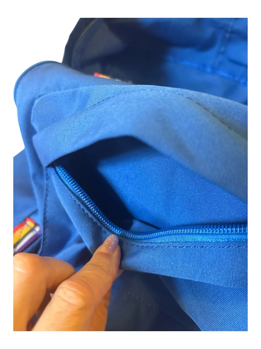 Fjallraven Kanken Mini Royal Blue Backpack with Rainbow Straps
